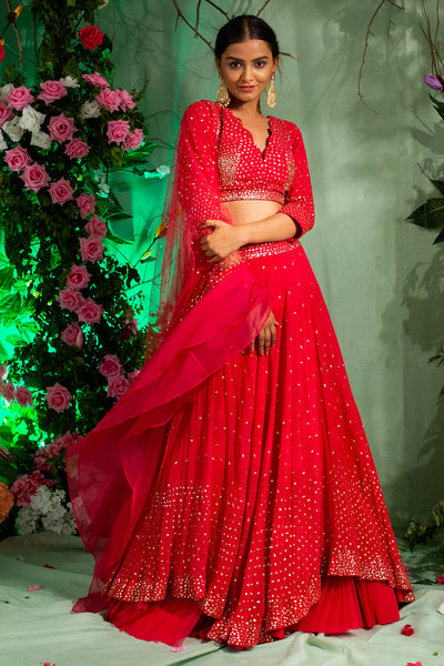 Afropop Coral Red High Low Lehenga