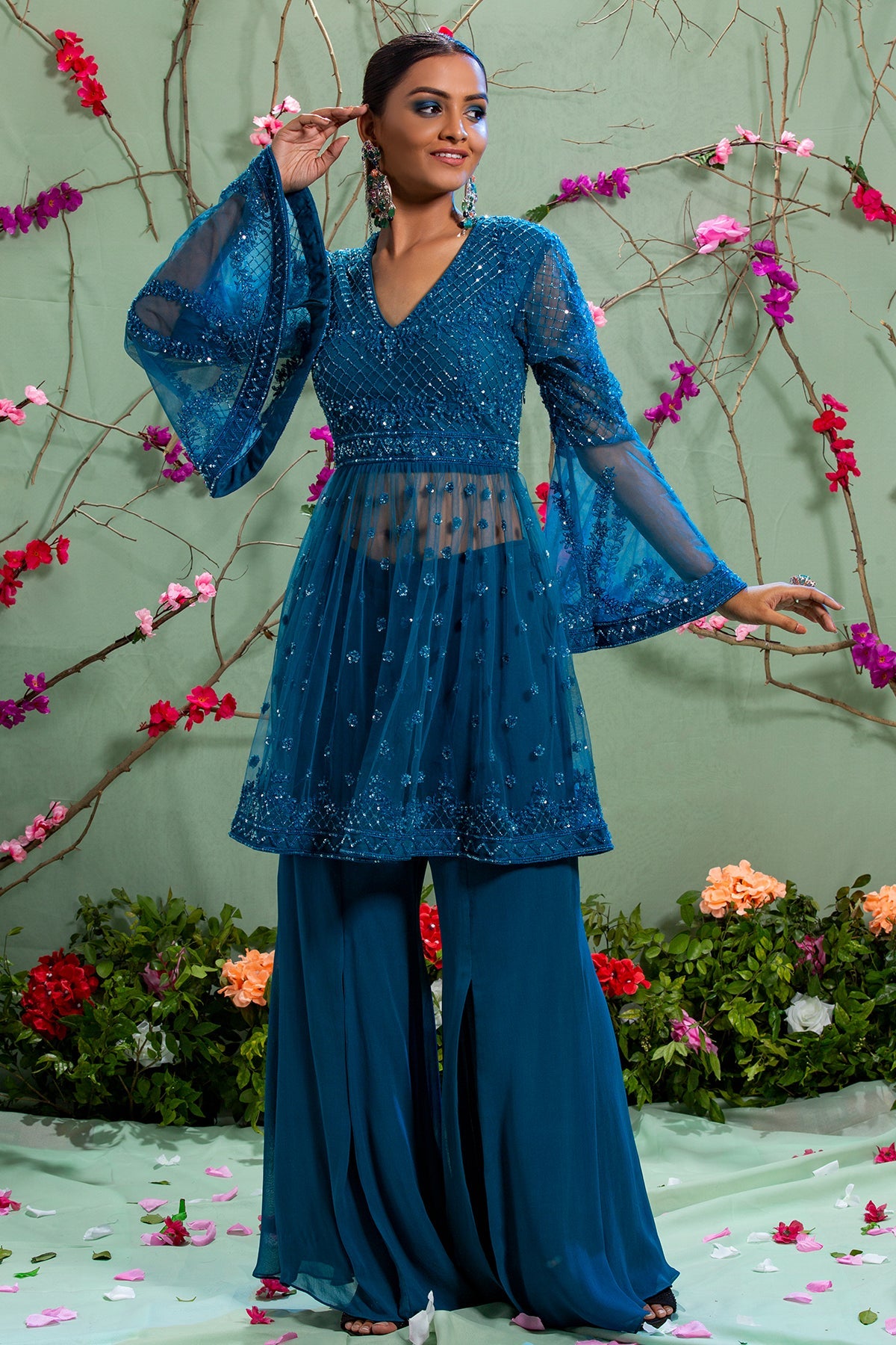Thank God ItsFashion In Blue Retro Indo Western Embroidered Bell Sleeve Tunic Set