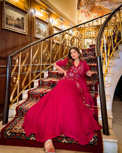 Surbhi Sethi Dua in Cherry Red Jacket Skirt Set